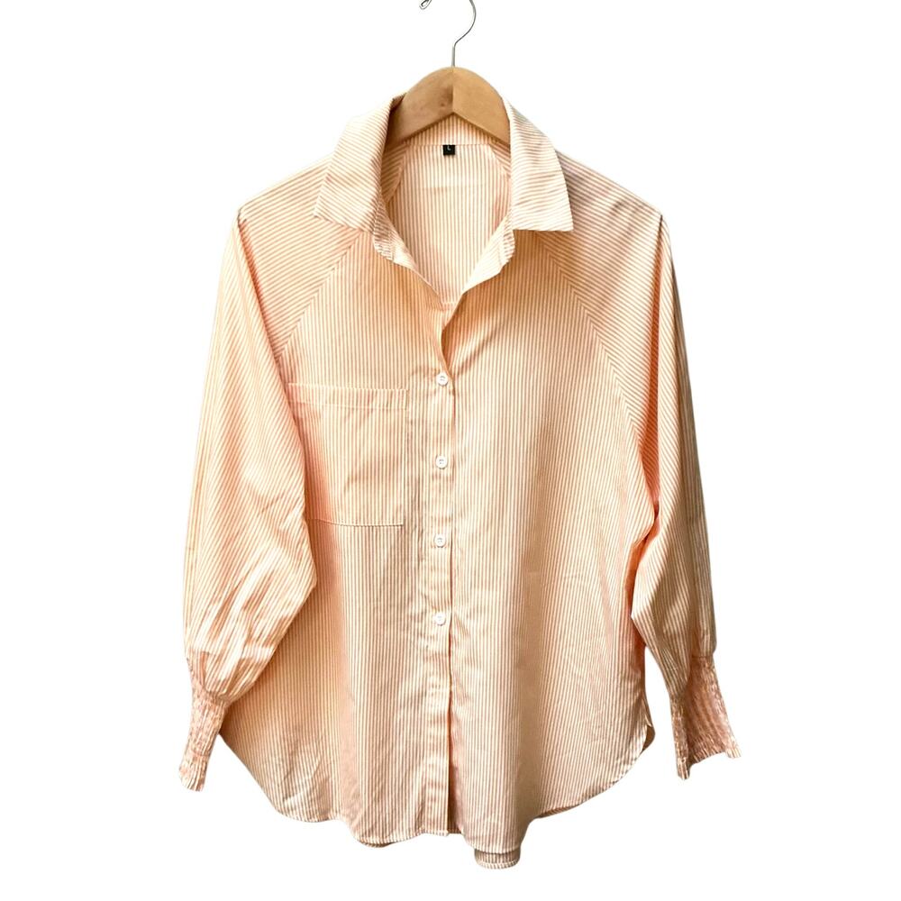 Striped Button-Down High-Low Shirt Smocked Cuffs Pockets SZ L Oversized No-Iron